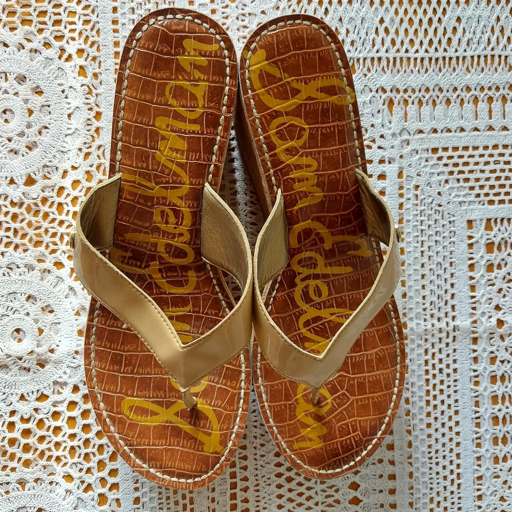 Sam Edelman Women Sandals Size 10 Romy Patent Leather Thong Comfort Wedge Heel - Picture 3 of 13